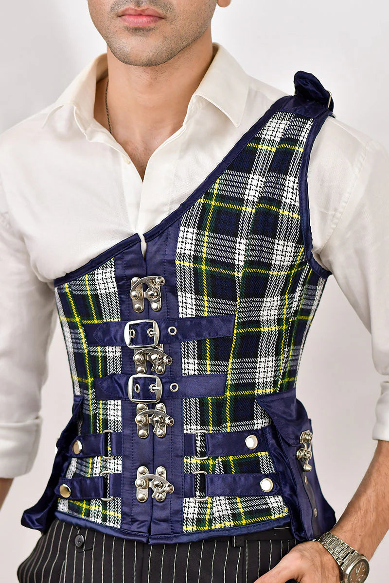 Navy Blue Tartan Mens Corset with Shoulder Strap