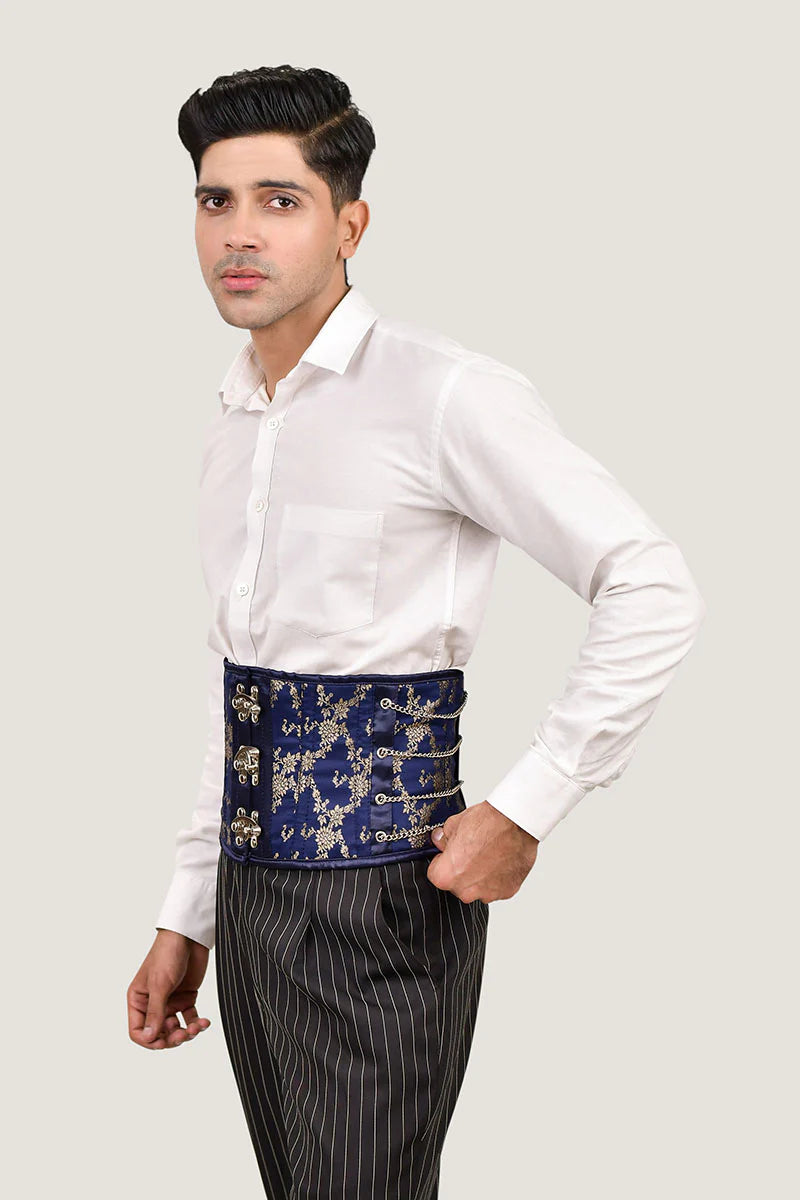 Navy Blue Satin Men Waist Cincher