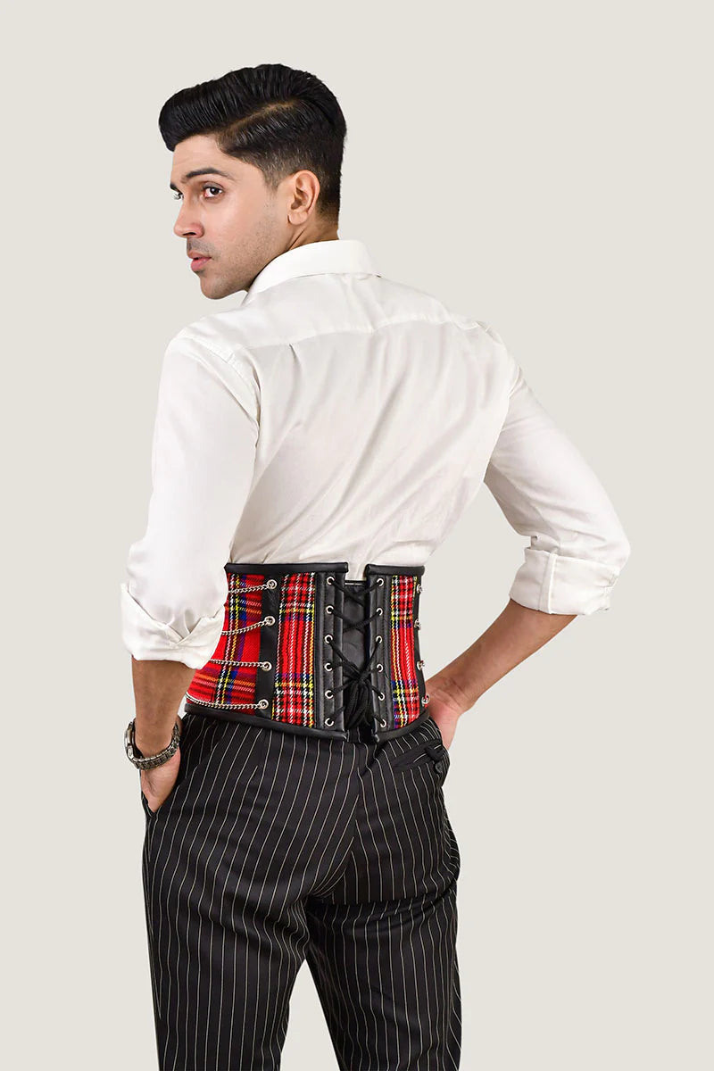Red Tartan Men Corset Waist Cincher