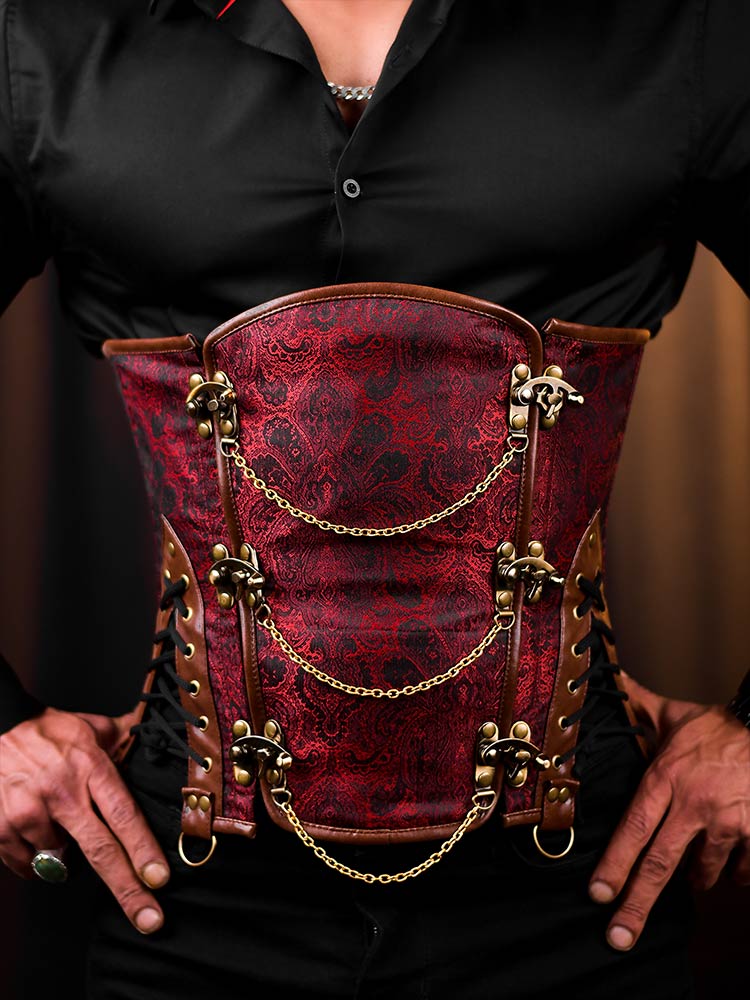 Red Brocade Men Corset - Fashion Corset