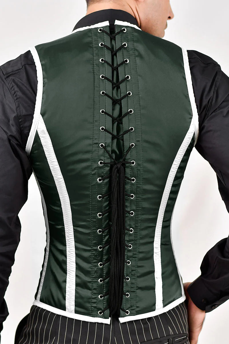 Green & White Satin Male Corset Vest