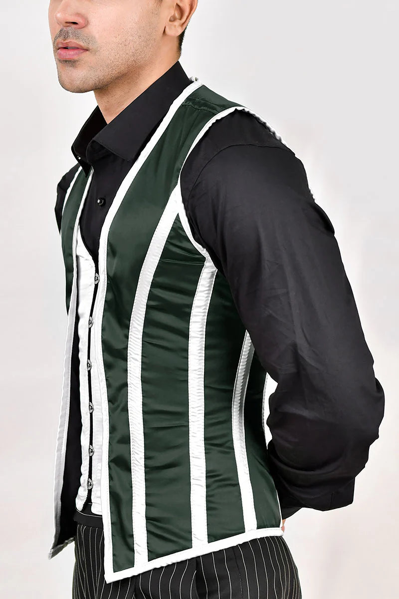 Green & White Satin Male Corset Vest