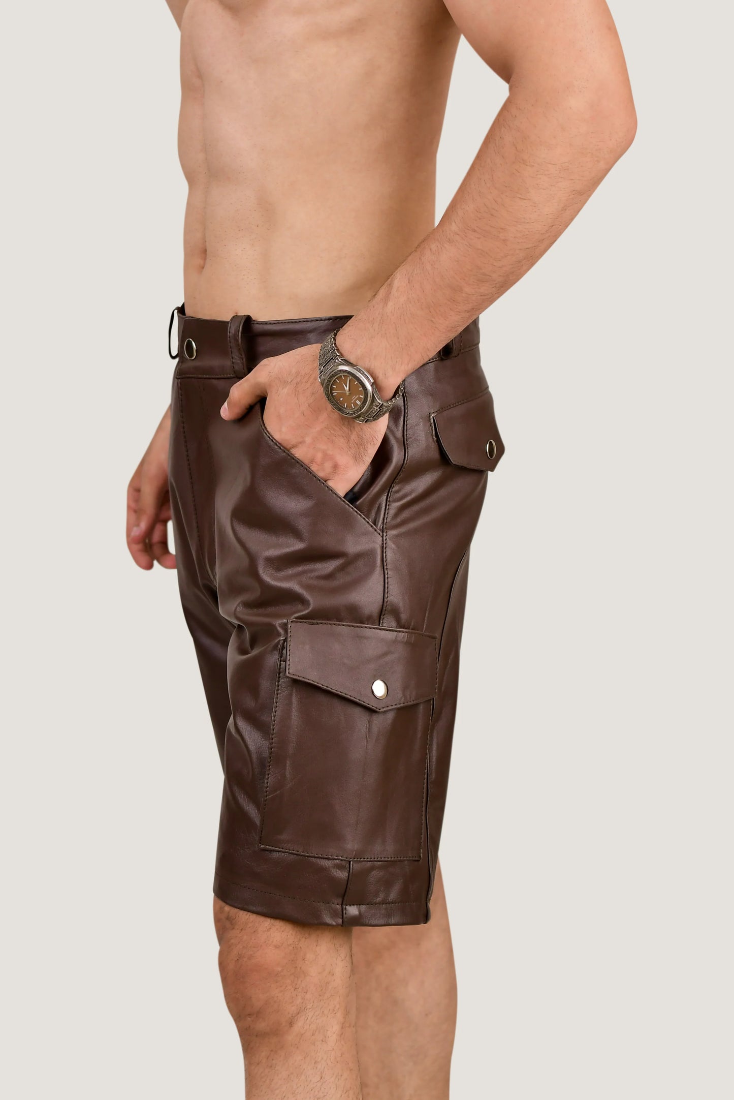 Men's Brown Real Leather Cargo Shorts – Premium Handcrafted Fit with Side Pockets