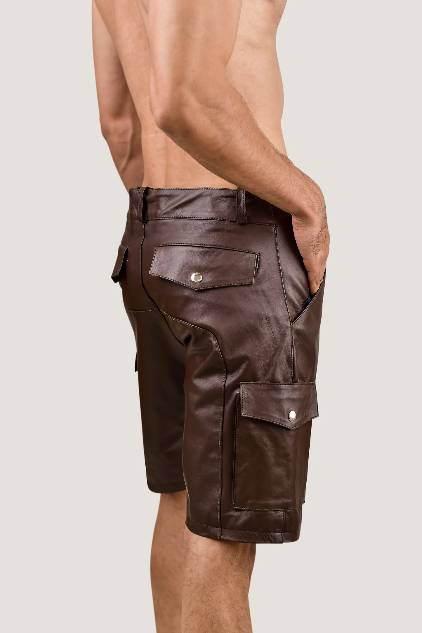 Men's Brown Real Leather Cargo Shorts – Premium Handcrafted Fit with Side Pockets