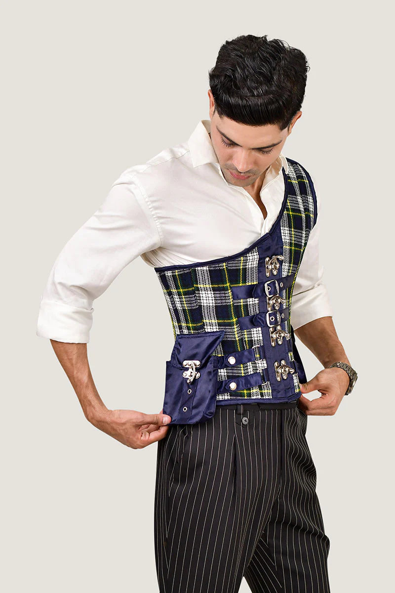 Navy Blue Tartan Mens Corset with Shoulder Strap