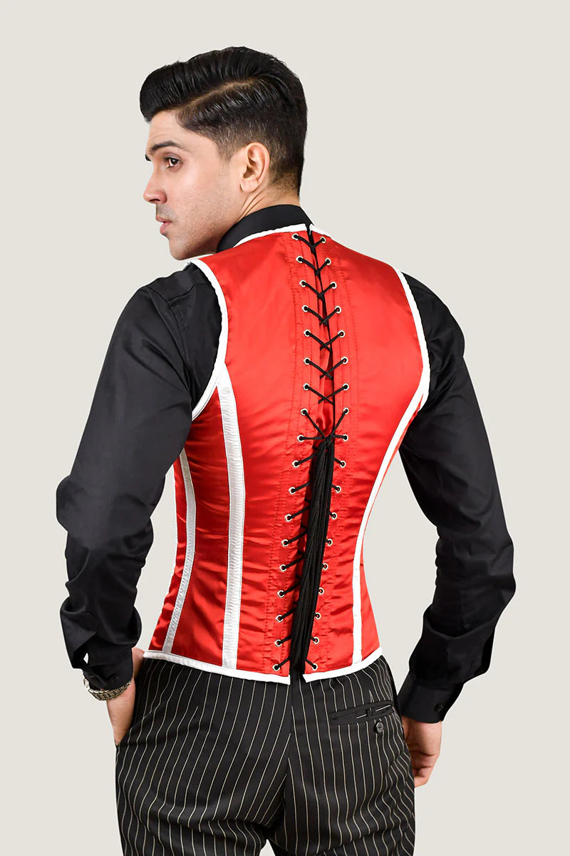 Red & White Male Corset Vest : Fashion Corset