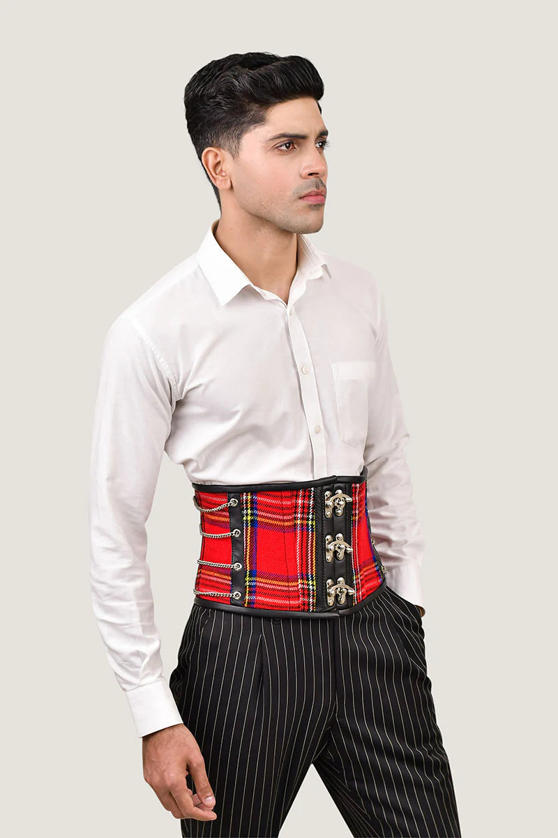 Red Tartan Men Corset Waist Cincher