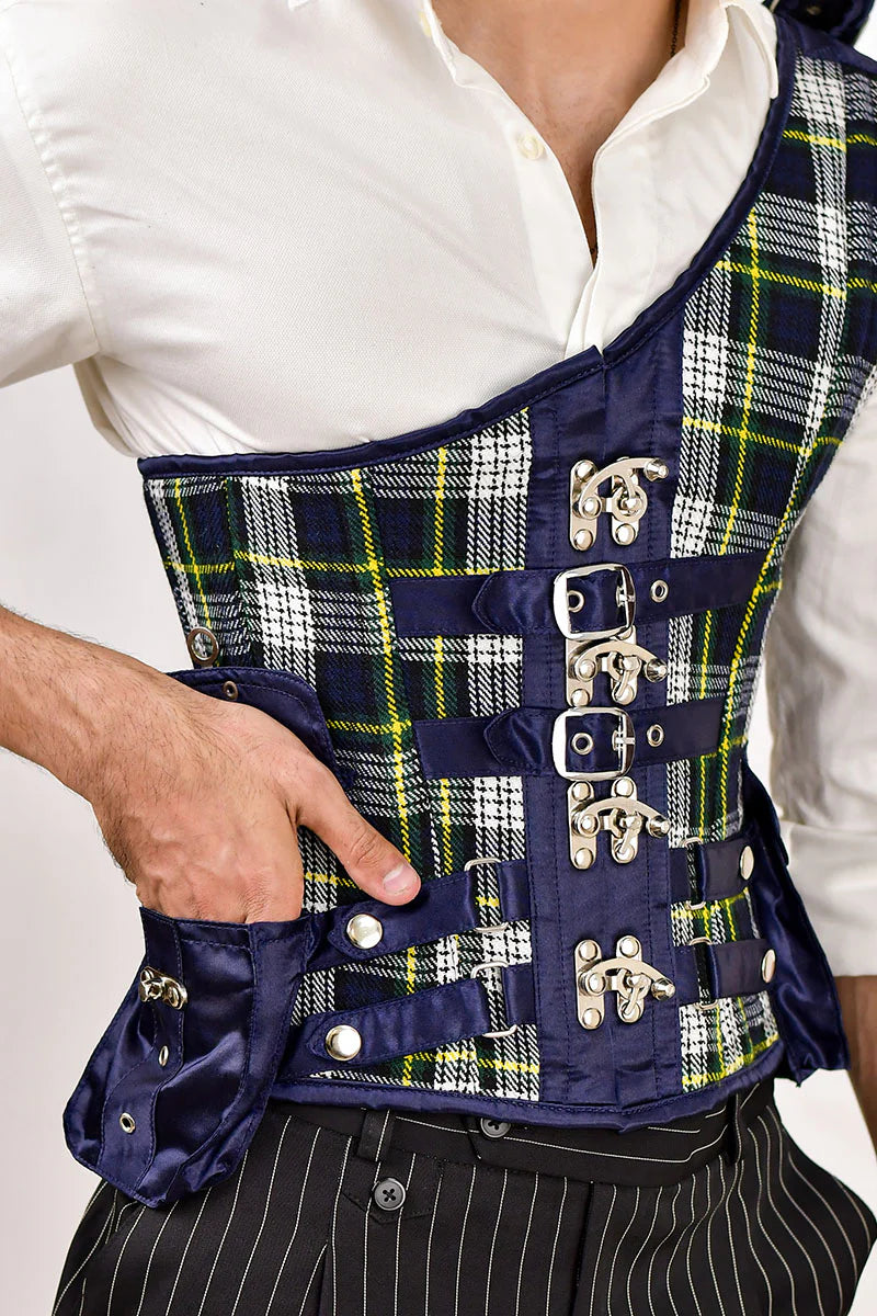 Navy Blue Tartan Mens Corset with Shoulder Strap