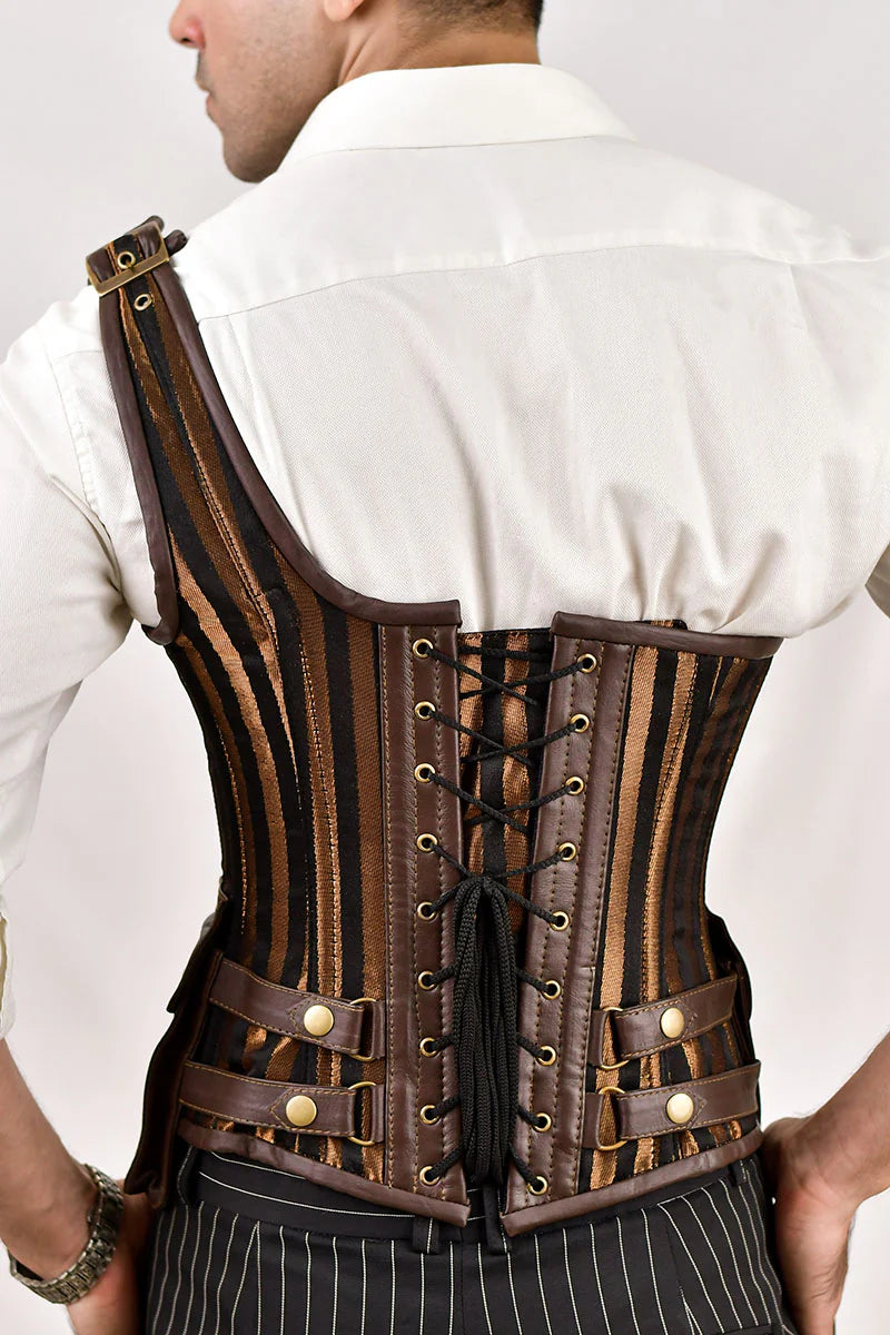 Leather-Brocade Corset for Men: Brown-Lined Design