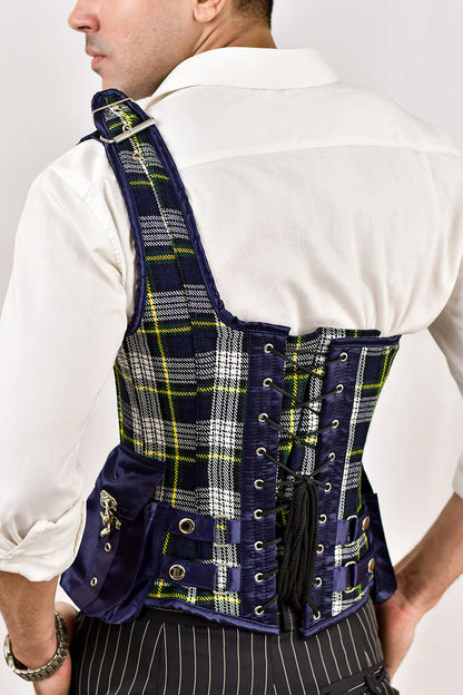 Navy Blue Tartan Mens Corset with Shoulder Strap