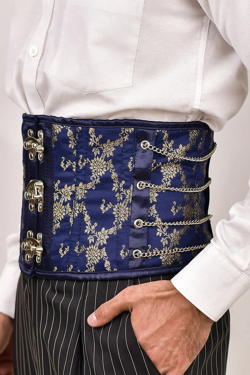 Navy Blue Satin Men  Waist Cincher