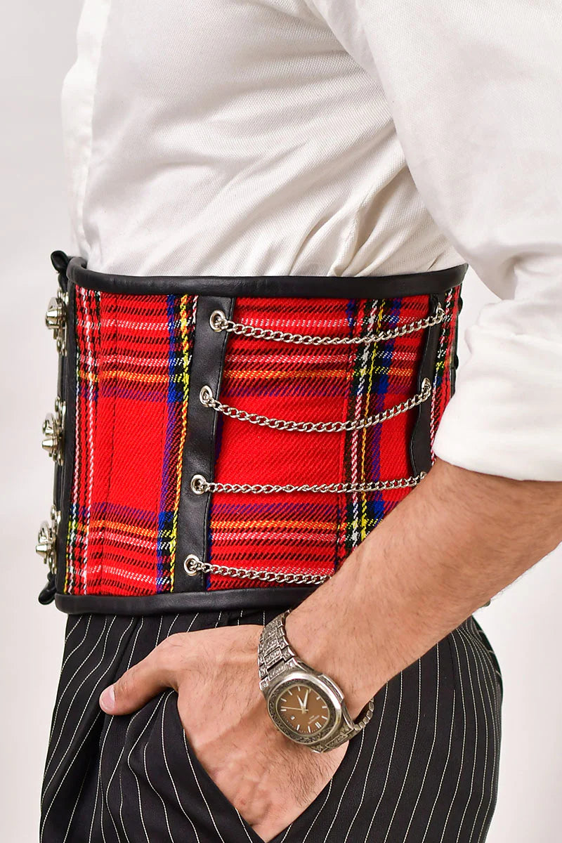 Red Tartan Men Corset Waist Cincher