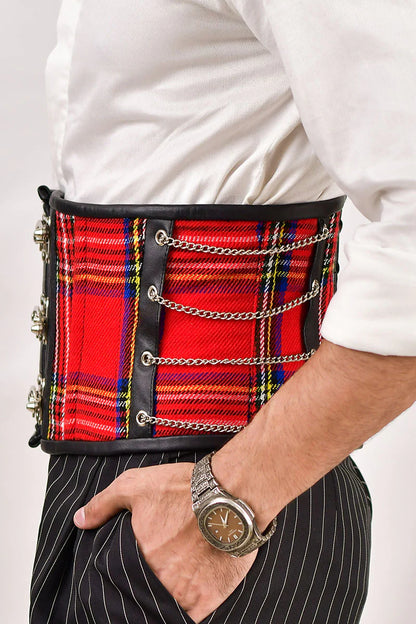 Red Tartan Men Corset Waist Cincher