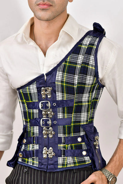 Navy Blue Tartan Corset with Shoulder Strap