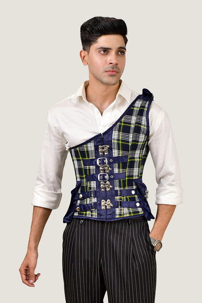 Navy Blue Tartan Mens Corset with Shoulder Strap