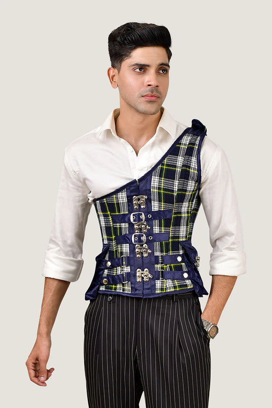 Navy Blue Tartan Mens Corset with Shoulder Strap