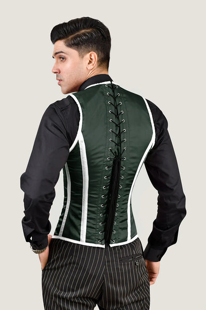 Green & White Satin Male Corset Vest