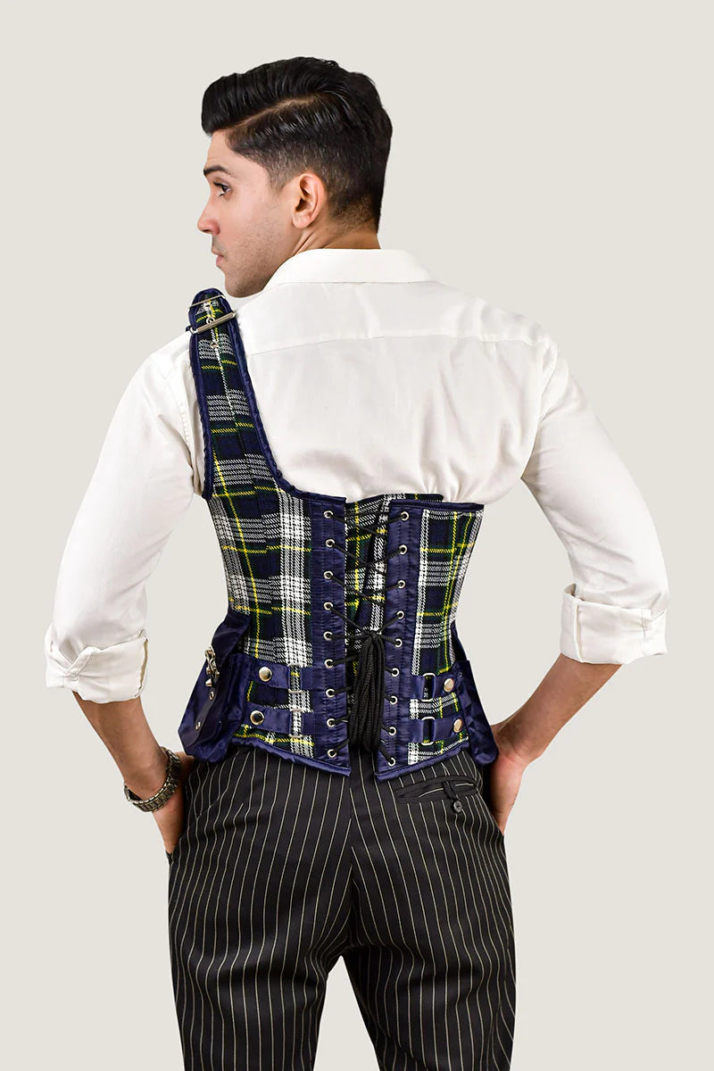 Navy Blue Tartan Corset with Shoulder Strap