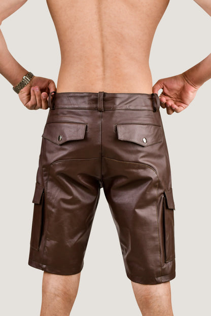 Men's Brown Real Leather Cargo Shorts – Premium Handcrafted Fit with Side Pockets
