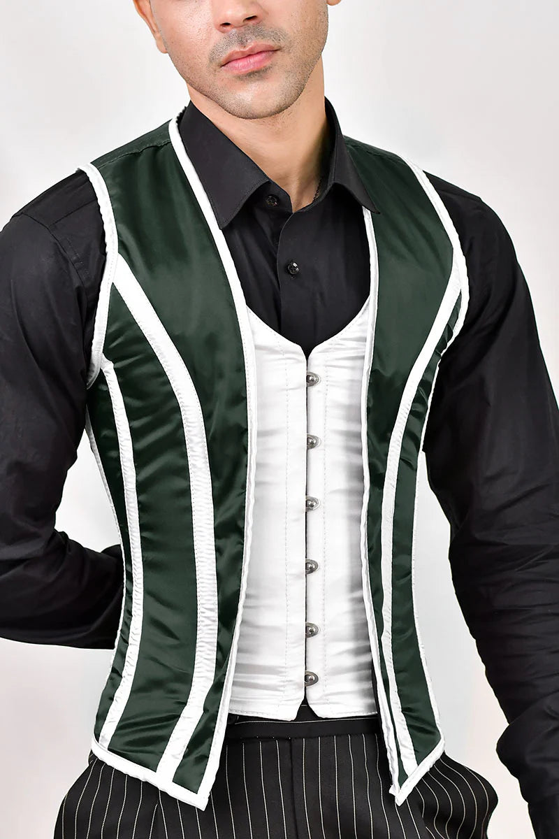 Green & White Satin Male Corset Vest