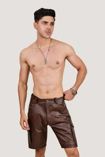 Men's Brown Real Leather Cargo Shorts – Premium Handcrafted Fit with Side Pockets
