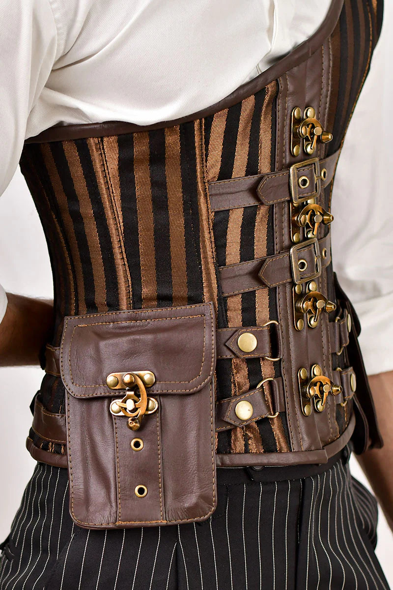 Leather-Brocade Corset for Men: Brown-Lined Design