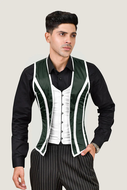 Green & White Satin Male Corset Vest
