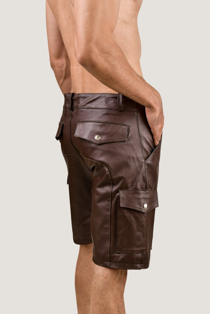 Men's Brown Real Leather Cargo Shorts – Premium Handcrafted Fit with Side Pockets