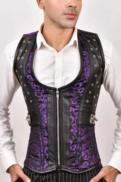 Purple Brocade & Black Leather Corset Vest