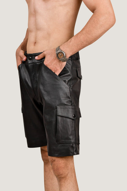 Men's Brown Real Leather Cargo Shorts – Premium Handcrafted Fit with Side Pockets