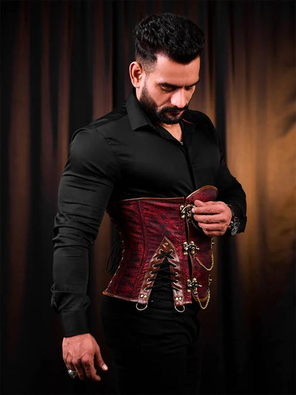 Red Brocade Men Corset - Fashion Corset