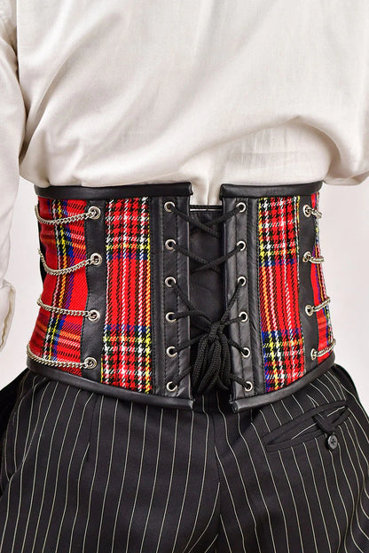 Red Tartan Men Corset Waist Cincher