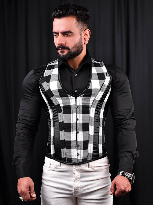 Tartan Men Corset Vest - Male Vest