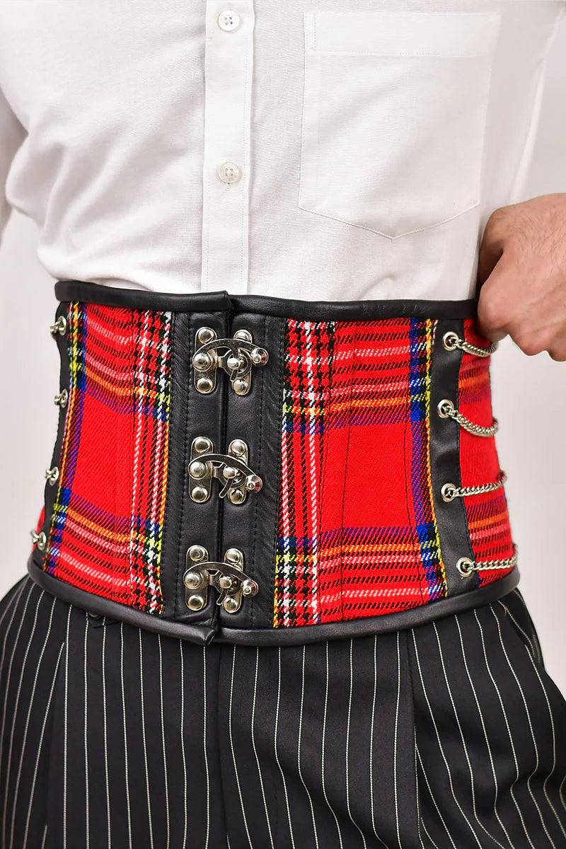 Red Tartan Men Corset Waist Cincher