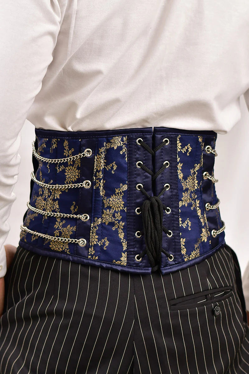 Navy Blue Satin Men  Waist Cincher