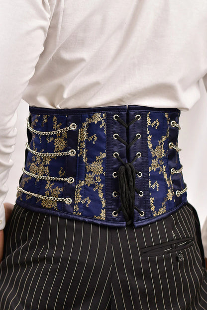 Navy Blue Satin Men  Waist Cincher