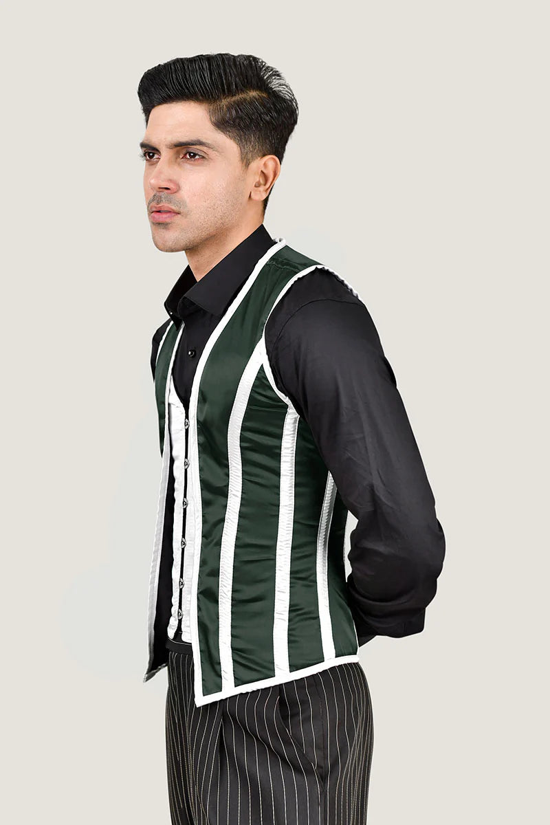 Green & White Satin Male Corset Vest
