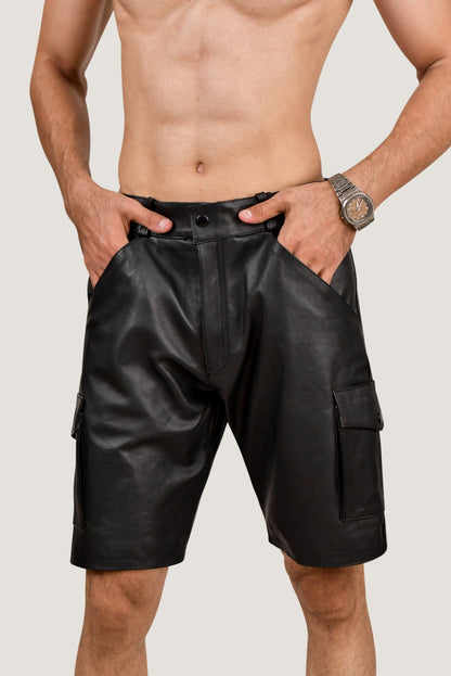 Men's Brown Real Leather Cargo Shorts – Premium Handcrafted Fit with Side Pockets